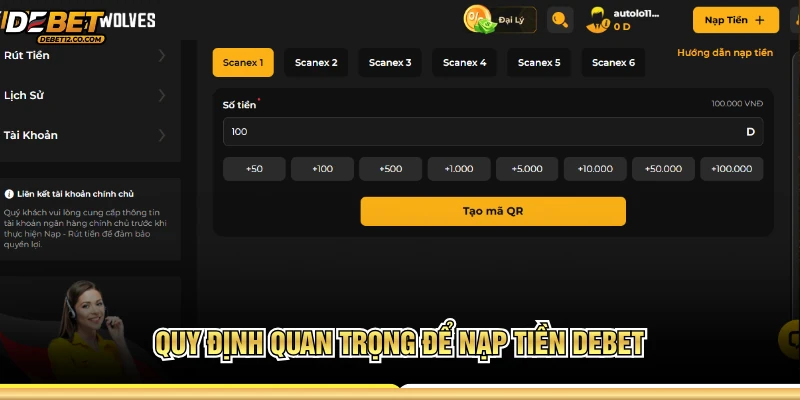 Quy định quan trọng để nạp tiền DEBET